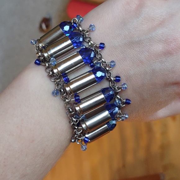 Handmade Bullet Shell Casing Bracelet With Blue Swarovski Crystals - Picture 7 of 15